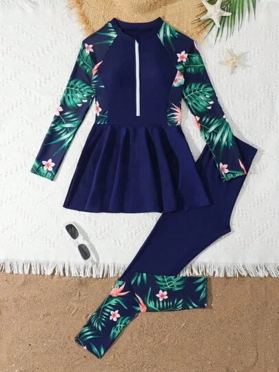 青少年女孩棕榈树彩色工字背心式比基尼两件套拉链泳衣，度假休闲，女孩套装夏威夷儿童热带服装女孩热带套装海岛女孩服装哈瓦那之夜女孩服装