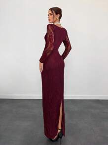 Aloruh Đầm Maxi Ôm Sát Cổ Tròn Phối Ren Tay Dài Kiểu Corset Phong Cách Dự Tiệc/Hẹn Hò/Buổi Tối Mới Thu/Đông Cho Nữ, Màu Đen - Màu Đỏ Sâu - Xem 3