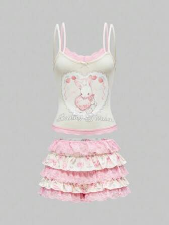 Kawaii Women Cute Bunny & Bow Printed 2 In 1 Camisole & Pants Set