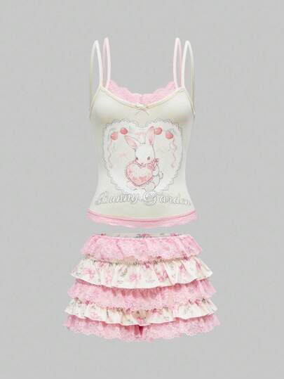 Kawaii Women Cute Bunny & Bow Printed 2 In 1 Camisole & Pants Set