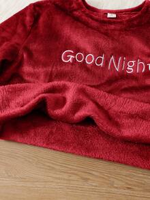 SHEIN 2pcs/Set Teens Boys Casual Letter Embroidered Loose Long Sleeve Pajamas Set, Autumn/Winter Fall - Red - View 5