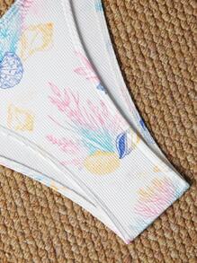 SHEIN Swim 全新多色随机印花海洋风格荷叶边可拆卸项链/抽绳设计比基尼上衣和系带侧三角比基尼下装，女式夏季度假泳衣套装 - 彩色 - 查看 6