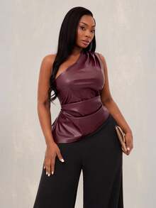 Radiana 大码女式秋冬、春夏优雅褶皱弹力 PU 皮革不对称下摆上衣，适合办公室 - 酒紅色 - 查看 1