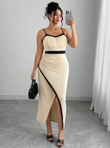 Elenzga Plus Size Summer Elegant Striped Color Block Wrap Cami Dress - Apricot - View 1
