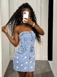 Slaydiva 女式性感修身心形印花牛仔连衣裙 - 淺色水洗藍 - 查看 6