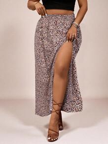 SHEIN VCAY Plus Size Summer Fashion All-Over Print Slit A-Line Skirt