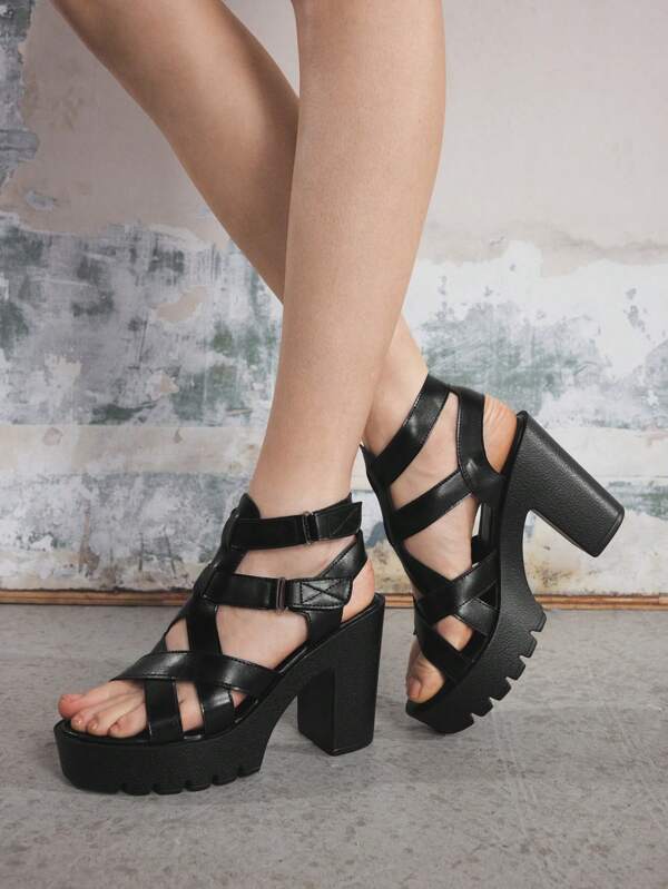 Sugerpunk Women's Elegant Fashion Hook And Loop Design High Heel Sandals, Waterproof Platform Punk Style Round Toe Roman Sandals Suitable For Party, Daily Wear, Evening Dress, Height Increase And Leg Elongation, Comfortable And Versatile Ladies High Heels