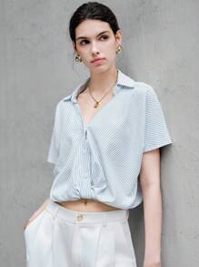 Chiquease Camisa casual y holgada de mujer a rayas con cuello y diseño de bajo retorcido en color verde - Azul y blanco - Ver 6