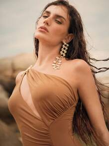 Anewsta Women's Asymmetric Ruched Metal Accent One-Piece Swimsuit For Summer Beach Vacation - Brown - View 6