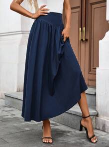 Chiquease Saia Longa Elegante Cintura Alta Modelo A-Line, Design de Saia Bufante para Mulheres, Novo Lançamento de Verão - Azul Marinho - Visão 4