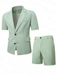 Calvornis Men's Summer Short-Sleeved Suits & Suit Shorts, Suitable For Daily Business Parties,Men's 2 Pieces Short Sleeve Blazer Top And Shorts Set, Casual Fashion Suitable For Daily Commuter Men's Daily Casual Summer Vacation Set, INS Best Seller, Solid Color Short Sleeve Single Breasted Blazer With Elastic Waistband. Perfect For Going Out And Daily Wear, And Features A Button Closure For A Stylish And Versatile Look. This Shirt Short Sleeve Shorts Set Is Perfect For Hawaiian Beach Vacations, Music Festivals, And Everyday Street Style. It Makes A Great Gift For Your Boyfriend Or Husband. Streetwear Men's Short Sleeve Shirt Men's Shirt Streetwear Men's Fashion Shirt Shorts Men's Fashion Shirt Men's Shirt Men's Suit Men's Shirt Set Men's Clothing Men's Shirt Summer Men's Shorts Set - Green - View 4