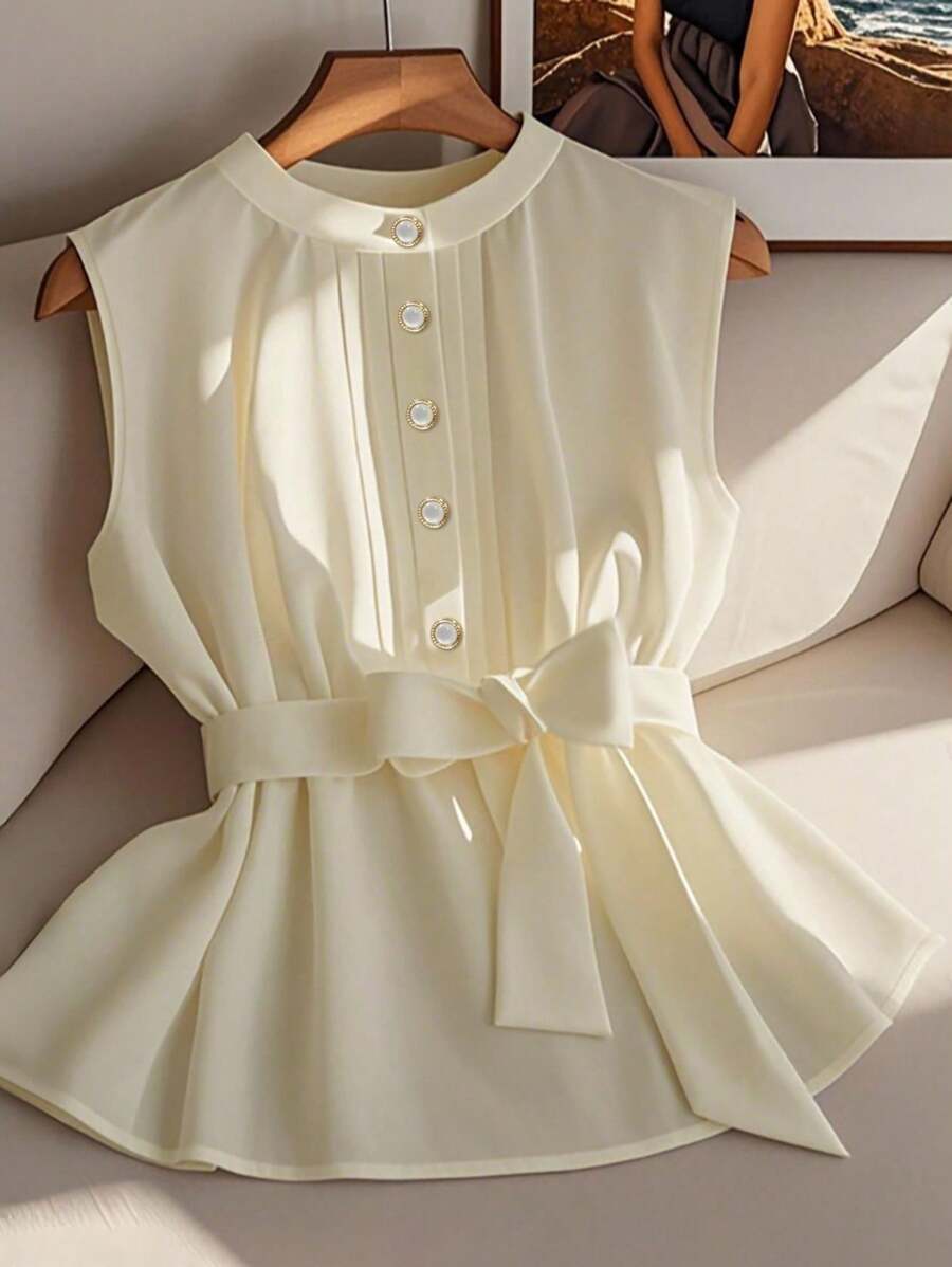 Franclia 女士优雅无袖圆领系带纯色杏色百搭衬衫学院制服