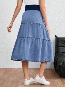 SHEIN Adjustable Waist Single-Breasted Casual Denim Skirt For Pregnant Women - Dark Wash - View 2