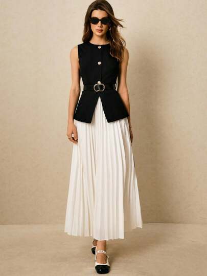 Poéselle Women 2pcs Suit: Elegant Commuting Vest And Pleated Skirt, Business Casual Woman,Office Outfits For Women,Old Money,Elegant  Women,Summer/Fall