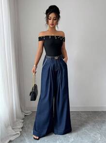 Elenzga Women Faux Pearl Studded High Waist Pleated Wide Leg Jeans - Dark Wash - View 7