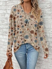 EMERY ROSE Retro Floral Print Casual Loose Fit Women Plus Size Long Sleeve T-Shirt, Suitable For Summer Fall Clothes