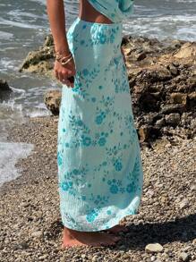 SHEIN ICON Váy Maxi Maxi Viền Nàng Tiên Cá Đính Kim Sa Hoa Cạp Thấp Mới Về Gợi Cảm & Thanh Lịch - Màu xanh lam - Xem 2