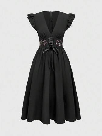 Goth Abito da donna stile gotico/retrò per vacanze, con motivi a pelle di serpente e ricami floreali, scollo a V profondo, maniche a campana, effetto snellente