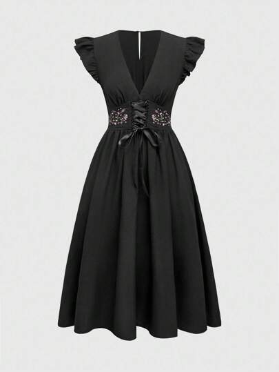 Back To School  Gothic Retro Vacation Style Snake Skin & Floral Embroidery Tie Front Deep V Neck Cap Sleeve Slimming Dress For Women