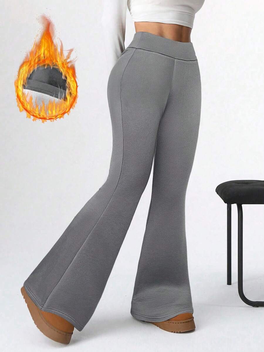 SHEIN EZwear 女式休闲深灰色修身喇叭裤,带保暖衬里 - 深灰色 - 查看 1