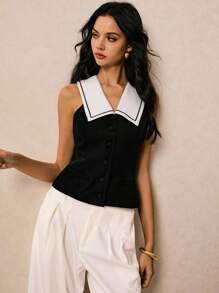 Poéselle Women's Casual Chic Slim Fit Contrast Color Collar Sleeveless Top, Business Casual Tops Women, Black And White Top, Office Tops Women - Black - View 6