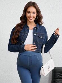 SHEIN Maternity Long Sleeve Single Breasted Casual Pocket Denim Jacket