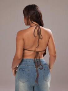 Rustia 女士 Y2K 风格低胸紧身胸衣上衣、露背细肩带短款上衣外套 - 咖啡棕 - 查看 5