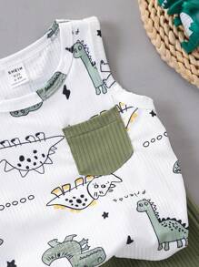 Conjunto de verano para niño bebé con estampado de dinosaurios de dibujos animados, compuesto por chaleco sin mangas de cuello redondo y shorts verdes. Estilo alegre y lindo, adecuado para aventuras al aire libre, uso cómodo en casa y fiestas de verano.