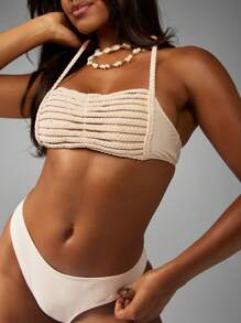 MISSGUIDED Braided Cord Halter Neck Bikini High Rise Swimsuit Bathing Suit Beachwear Summer Beach Vacation Resort Pool Wear - Apricot - View 1