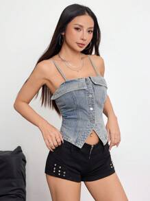 SHEIN ICON 女式时尚街头风格水洗前扣牛仔背带裤，夏季 - 淺色水洗藍 - 查看 5