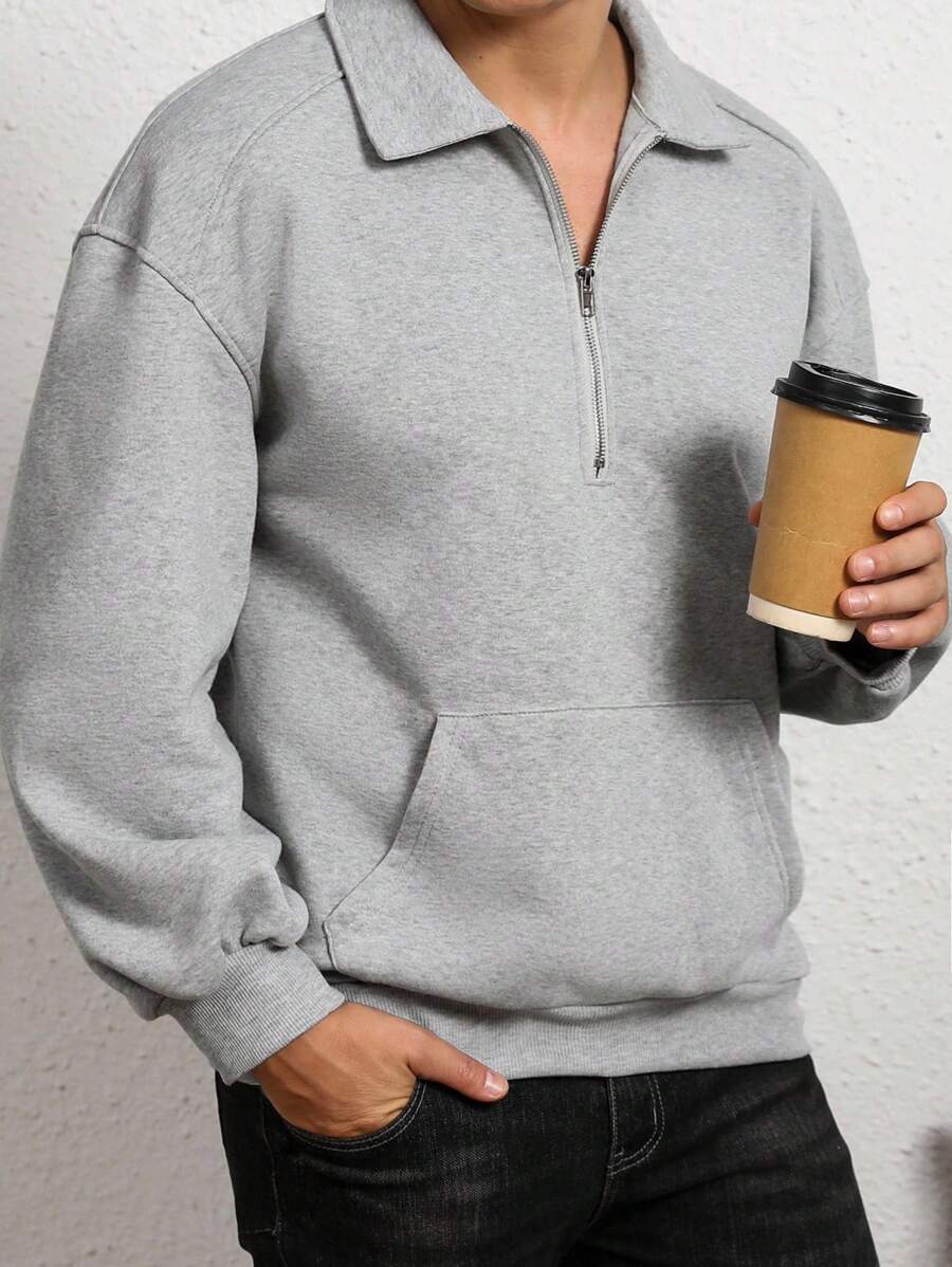 Manfinity Dauomo Men's Solid Color Half Zip Sweatshirt, Simple And Fashionable Casual Everyday Wear, Fall/Winter, Long Sleeve Top