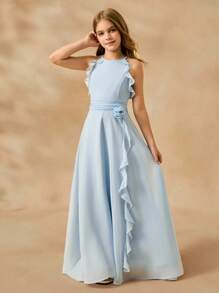 女童优雅纯色3D花卉荷叶边挂脖派对连衣裙 - 淺色水洗藍 - 查看 4