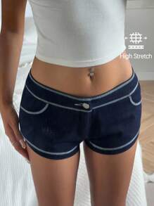 SHEIN EZwear 女式拼接设计口袋休闲百搭牛仔短裤 - 藍色 - 查看 3