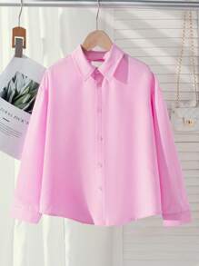 Elladie kids Tween Girls Shirt, New Pink Long Sleeve Blouse, Cute, Casual & Comfortable Long Sleeve, Hollow-Out Back With Bow Decor, Adorable, Relaxed Vibe, Contrasting Color Design, Fashionable & Academic Style Fall Winter - Pink - View 3