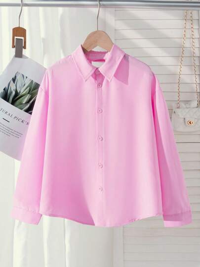 Elladie kids Áo sơ mi nữ tuổi teen, Áo cánh dài tay màu hồng mới, Tay dài dễ thương, giản dị và thoải mái, Khoét lưng có trang trí nơ, Đáng yêu, Phong cách thoải mái, Thiết kế màu tương phản, Phong cách thời trang và học thuật