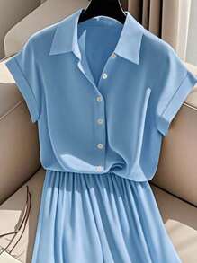 Franclia Bộ 2 món áo sơ mi tay ngắn ve lật màu trơn thanh lịch và quần ống rộng cạp cao cho nữ mặc đi học đại học - Màu xanh nhạt - Xem 4