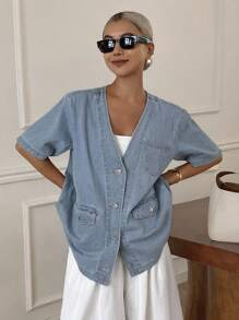 Livesso 女士V领短袖宽松休闲牛仔夹克 - 藍色 - 查看 6