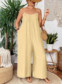 SHEIN Holidaya Plus Size Summer Solid Color Pleated Loose Slant Pocket Sleeveless Jumpsuit Summer Jumpsuit For Women Wide Leg Jumpsuit Women Casual Jumpsuit Halter Jumpsuit