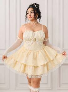 ROMWE EDITION Vestido elegante sin mangas con aplicaciones de encaje para talla grande, de verano - Albaricoque - Ver 8