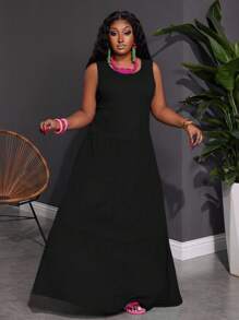 Slaydiva 大码夏季纯色圆领简约吊带背心连衣裙