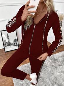 SHEIN LUNE Set de 2 piezas de sudadera con capucha y pantalones deportivos casuales con cremallera y estampado de leopardo en los laterales para mujer, para primavera/otoño - Burdeos - Ver 4