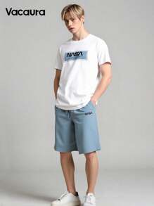 Wildeya Set de 2 piezas: Camiseta de manga corta con estampado de letras y cuello redondo informal en color negro + Pantalón corto de tela tejida en caqui para adolescentes, nuevo estilo clásico de verano