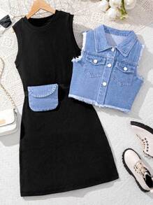 2件套青少年女孩牛仔背心+黑色针织紧身无袖连衣裙（含包） - 彩色 - 查看 3