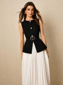 Poéselle Women 2pcs Suit: Elegant Commuting Vest And Pleated Skirt, Business Casual Woman,Office Outfits For Women,Old Money,Elegant  Women,Summer/Fall - Black and White - View 4