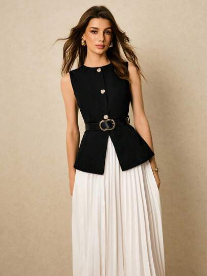 Poéselle Women 2pcs Suit: Elegant Commuting Vest And Pleated Skirt, Business Casual Woman,Office Outfits For Women,Old Money,Elegant  Women,Summer/Fall