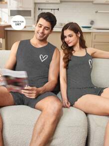 SHEIN Men's Simple Heart Print Casual Sleeveless Tank Top And Pajamas Set - Dark Grey - View 5