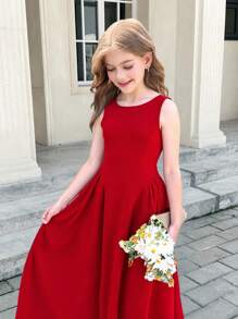 SHEIN Serisse Kids 青少年女孩休闲优雅红色露背连衣裙，带大蝴蝶结装饰，适合花童、毕业典礼、公主裙、生日派对、圣诞节、新年 - 紅色 - 查看 10