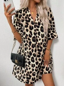 SHEIN Clasi Women's Leopard Print Cutout Neck Casual Short Sleeve Mini Dress - Multicolor - View 7