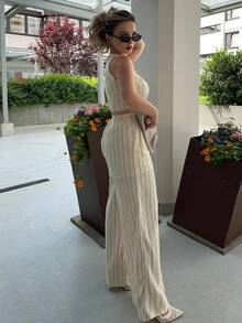 Jeta Ari 2pcs/Set Women's Summer Striped Cropped Tank Top And Wide-Leg Pants - White - View 3
