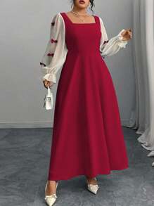 Modelyn 大码女式优雅蝴蝶结装饰方领束腰连衣裙 - 紅色 - 查看 3